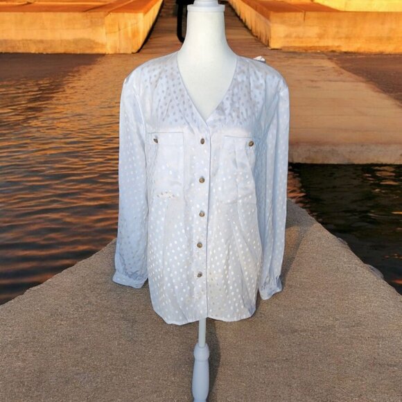 Vtg Gianna Button Up Blouse Long Sleeve White Polka Dot White with Pockets 12 - Picture 5 of 7